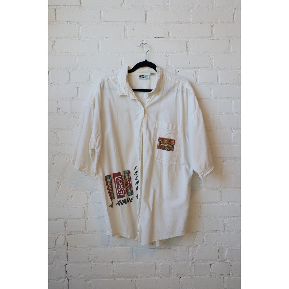 Vintage Blue Bay Island Primitive White Short Sleeve Button Down Shirt XL